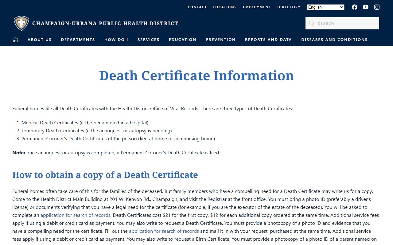 Champaign-Urbana Public Health District death certificates page for Champaign obituary records