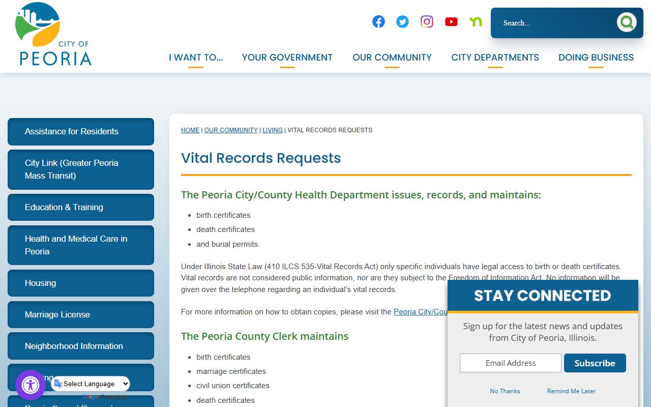 Peoria city vital records requests page for obituary records