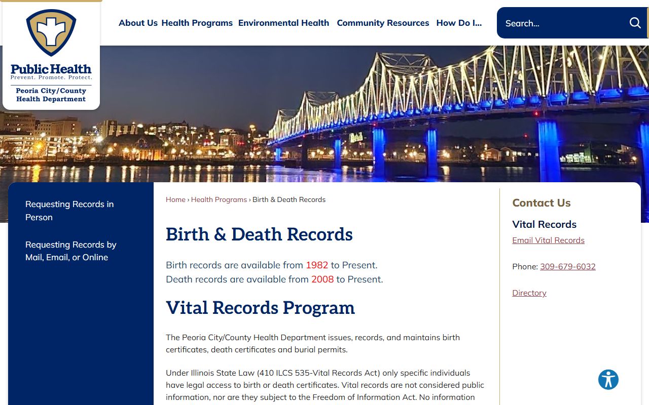 Peoria City County Health Department birth and death records page