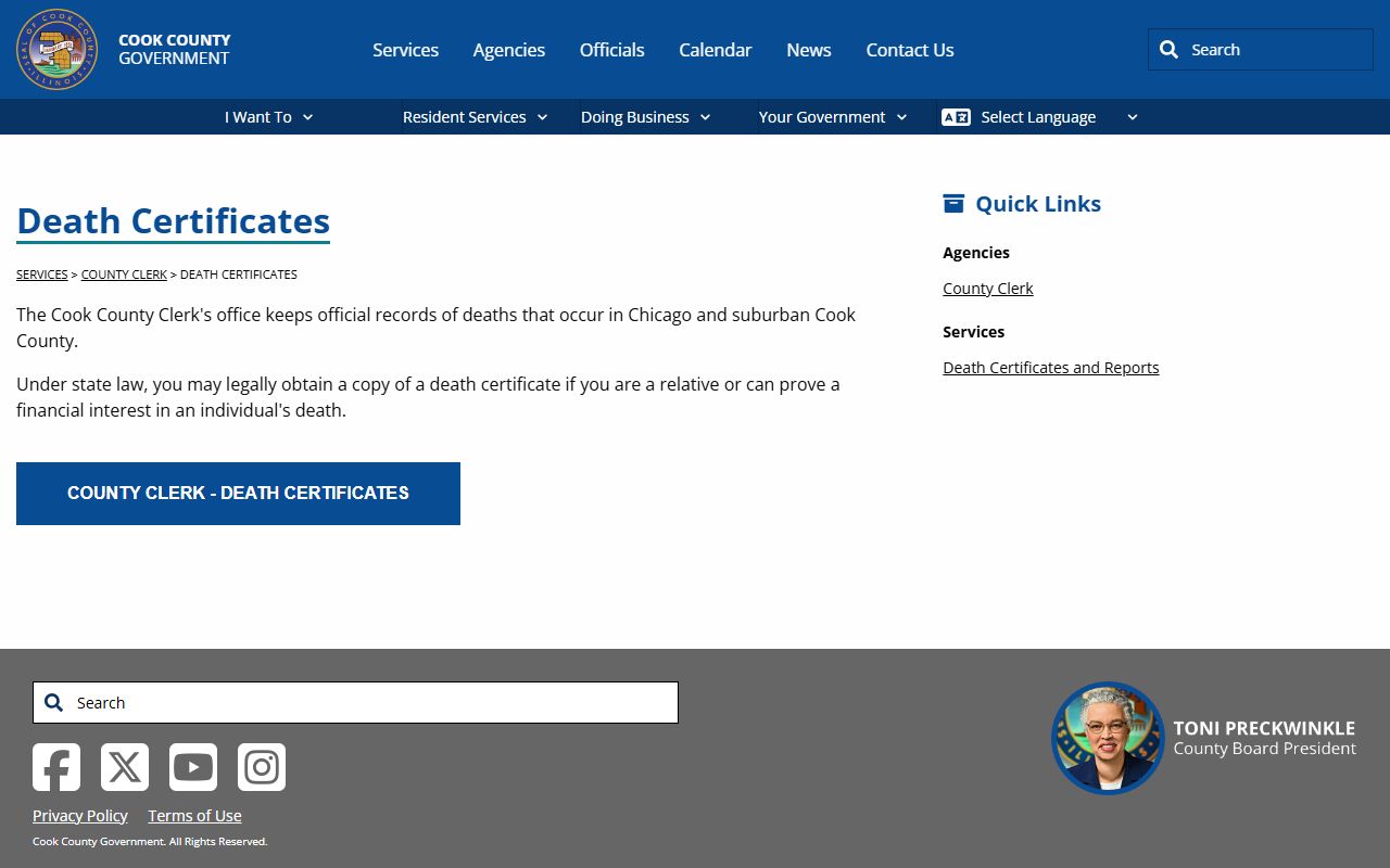 Cook County death certificates page for obituary records