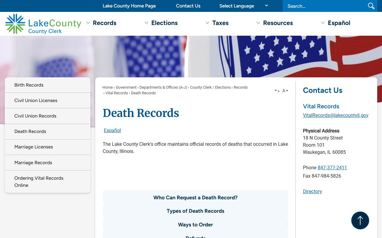 Lake County death records page for obituary certificate requests