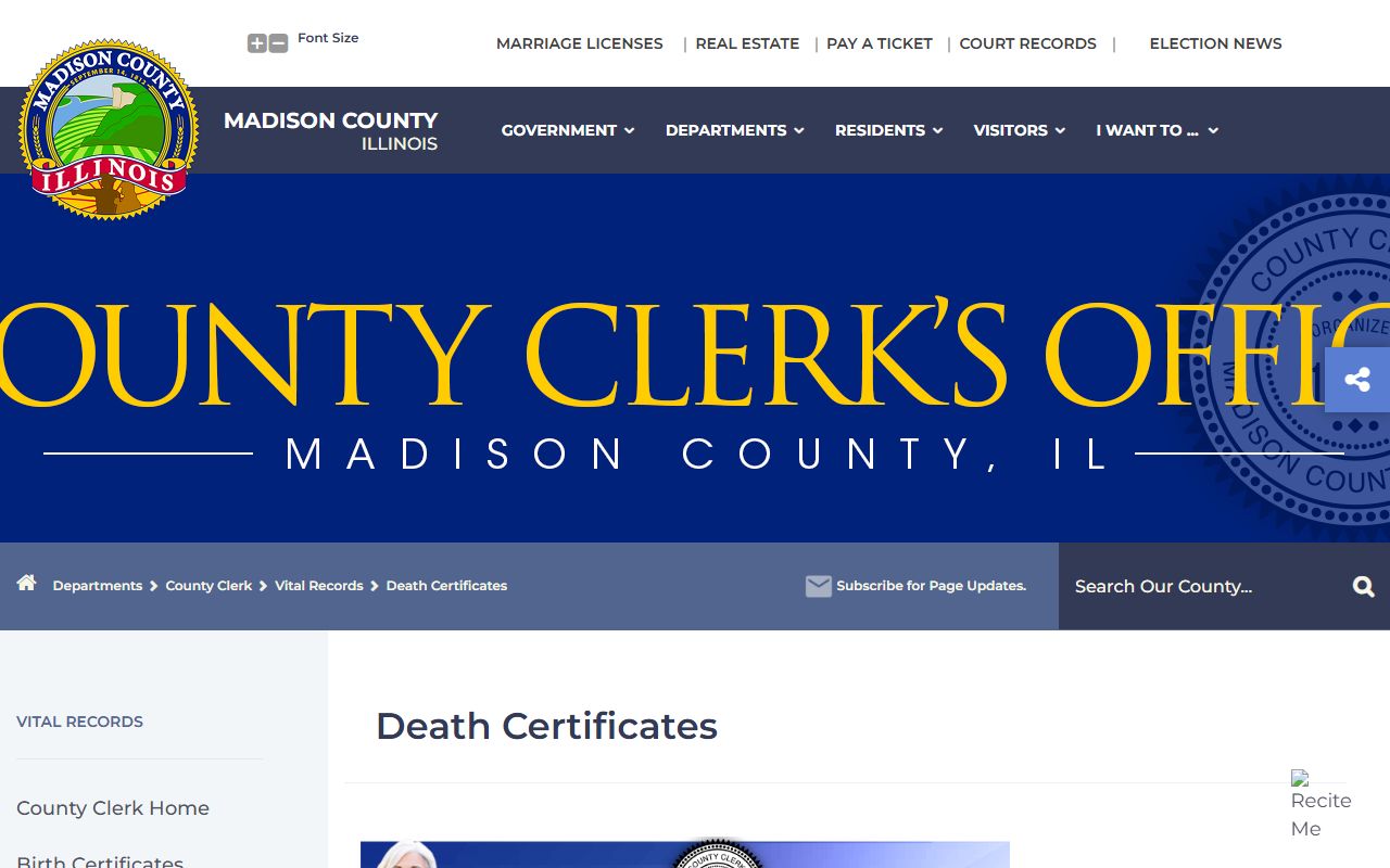 Madison County death certificates page for obituary record requests
