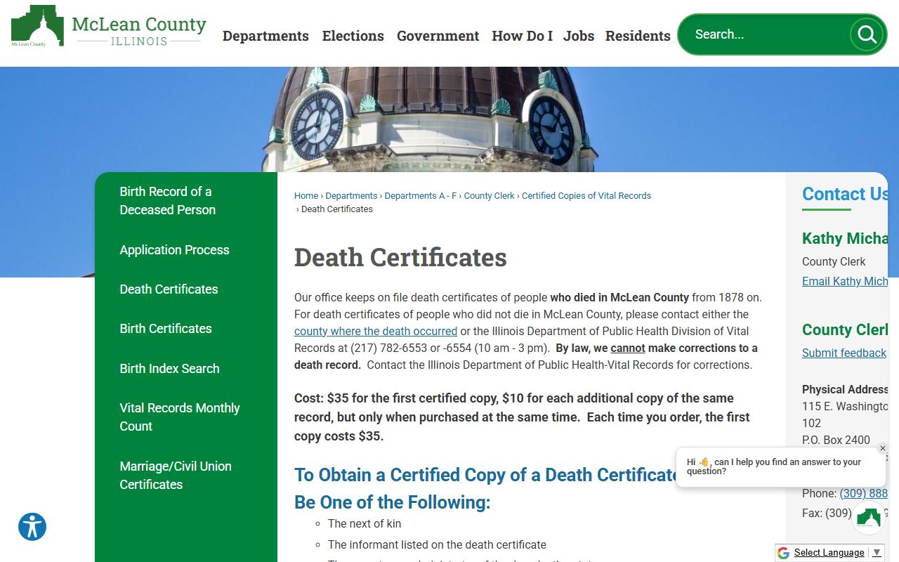 McLean County Illinois death certificates obituary records page