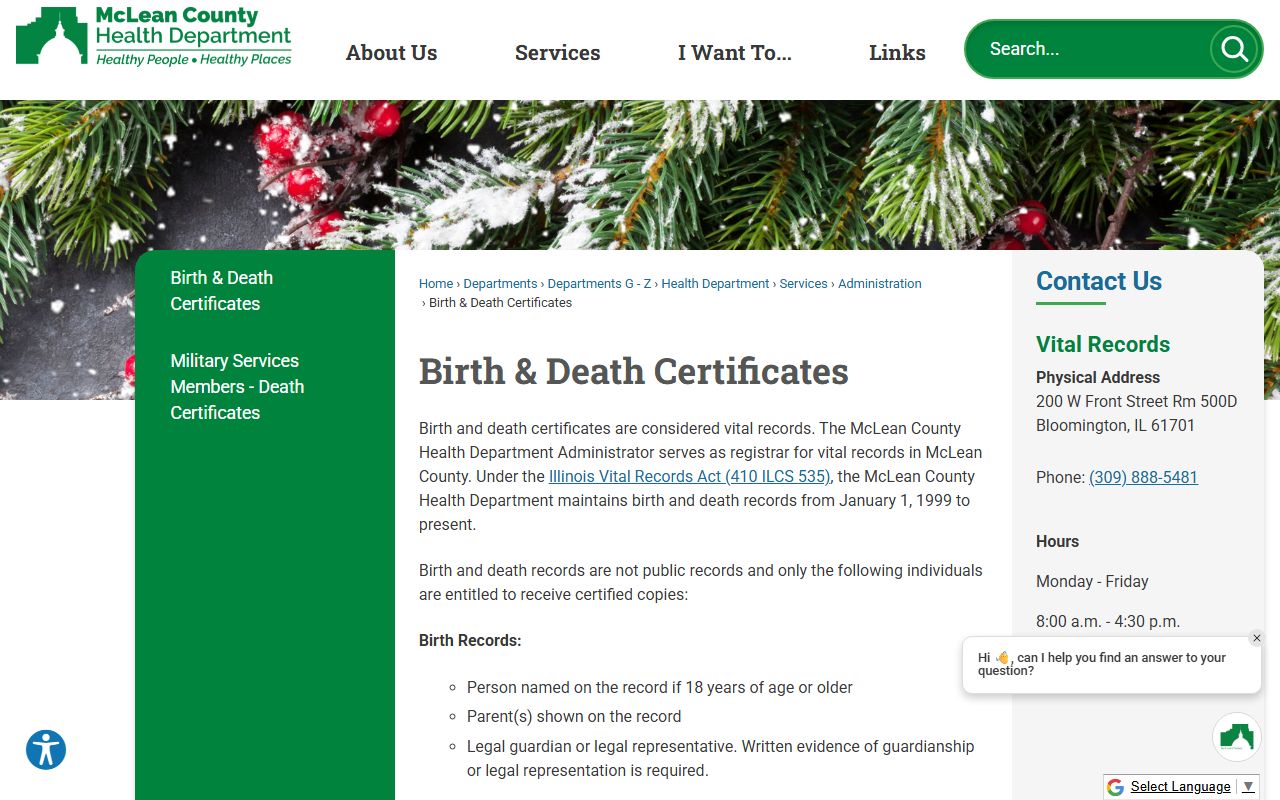 McLean County Illinois birth and death certificates obituary page
