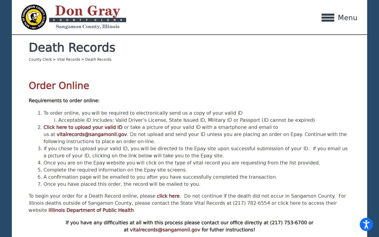 Sangamon County death records page for Springfield obituary lookups