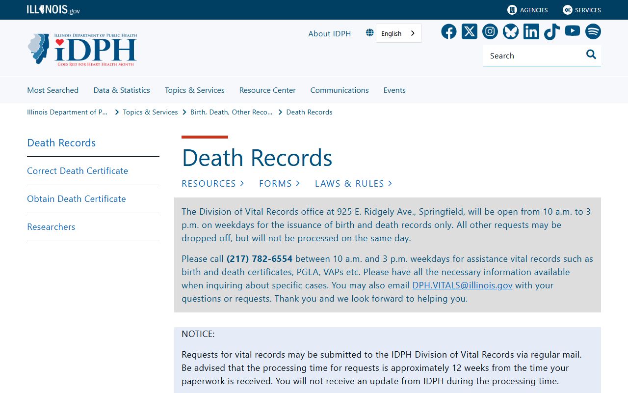 Illinois Department of Public Health obituary records information portal