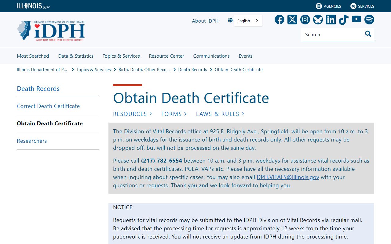 Illinois obituary records request page for obtaining death certificates