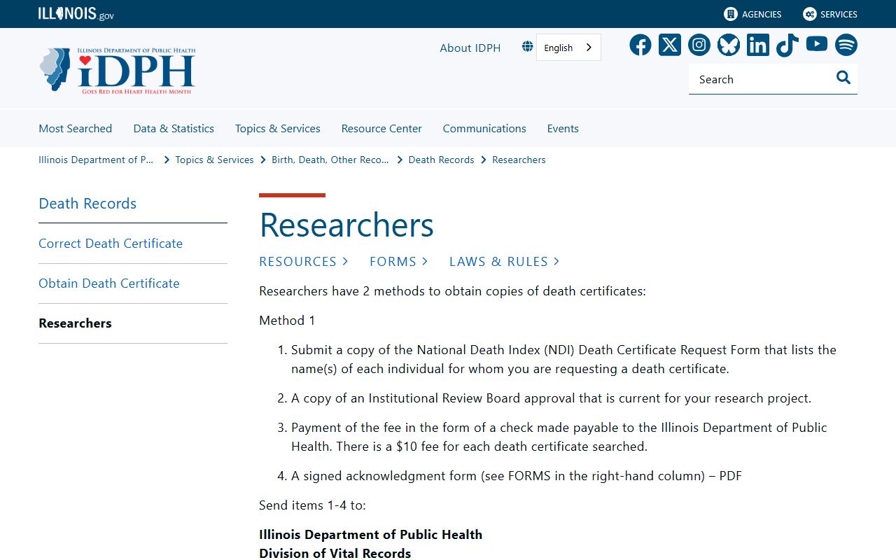 Illinois obituary records researcher access page from IDPH