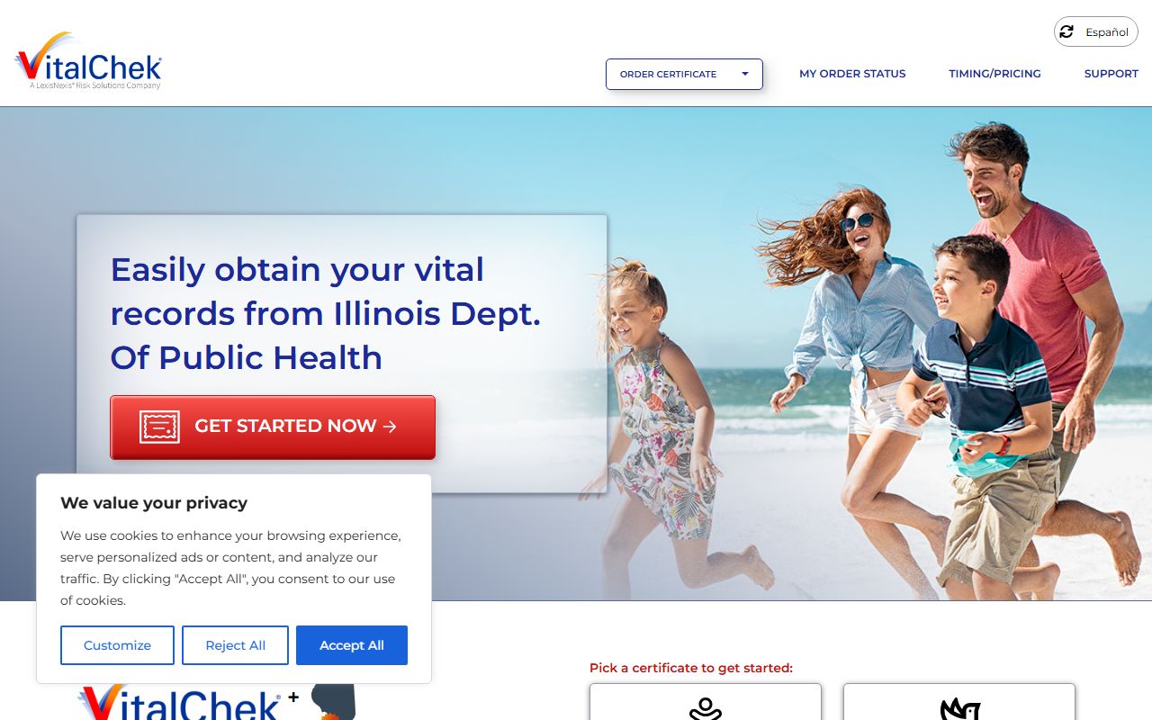 VitalChek online ordering page for Illinois obituary records